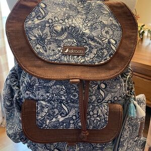 Sakroots euc backpack with matching pouch and owl tassel keychain